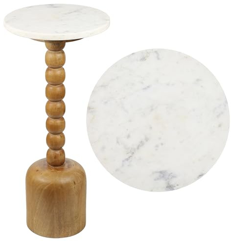 JONATHAN Y END3002A Turner 24.5 Designer Cottage Spindle Wood Column Drink Table and Decorative End Table with White Marble Round Top for Living Room, Bedroom, Office, Bathroom, Natural