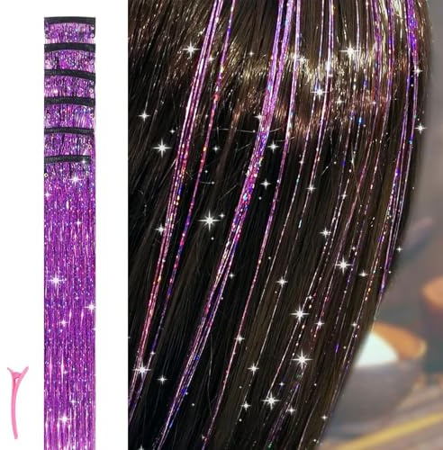Muorruo 6 pezzi di clip per capelli glitterati, estensioni capelli lametta glitterate viola, facili da indossare in 3 secondi per feste, quotidianità, viaggi, compleanni, accessori per capelli da 50
