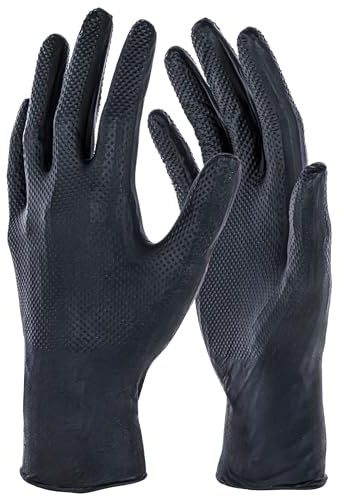 Kerbl Works Einmalhandschuhe X-Grip Black, Einweghandschuhe | 50 Stück, Größe 8,5–9/L, schwarz, 24 cm, latexfrei, rutschfest sowie öl- und chemikalienbeständig