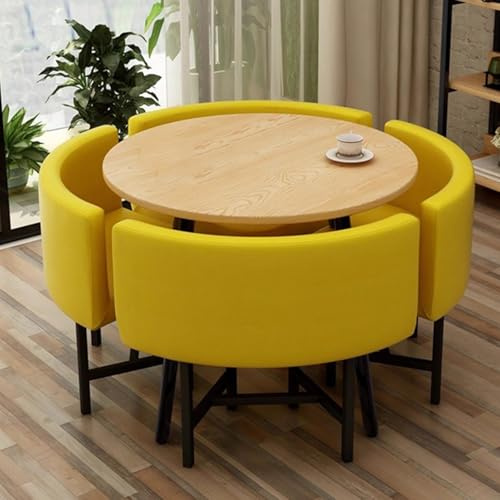 Besprechungstisch-Set mit 4 Stühlen, Holzmaserung, 150 kg Kapazität, perfekt für Büro und Restaurant, stilvolles gelbes Design, ergonomische Rückenlehnenstühle