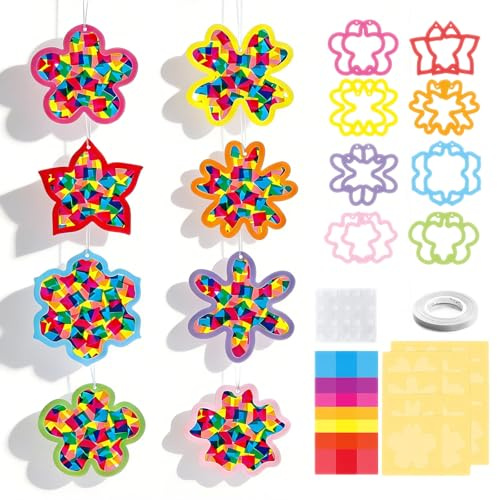 16 Stück Blumen Fensterbilder Basteln, Papierschneide-Set,Fensterbilder Frühling Bastelset,Kreative Heimdekoration,DIY Frühlingsdeko Fensterdeko,Papier-Bastelset zum Selbermachen für Kinder,4 Farben
