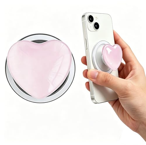 FeiatPogra Magnetic Socket Phone Grip with Kickstand, Pink Heart-Shape Design, Extendable Holder & Stand for Smartphones, Compatible with Cases & Wireless Charging