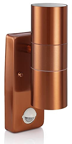 Auraglow Kupfer Rostfreier Stahl Zweiweg Wandleuchte mit PIR Detektor - 2 x LED Glühbirne (Kaltes Weiß) 7W Inbegriffen