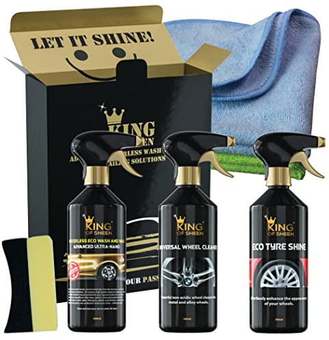 King of Sheen Exterior Car Cleaning Kit - Advanced Ultra Nano Waterless Wash & Wax 500ml, Universal Wheel Cleaner 500ml, Eco Tyre Shine 500ml and 2 Proffessional Microfibre Cloths