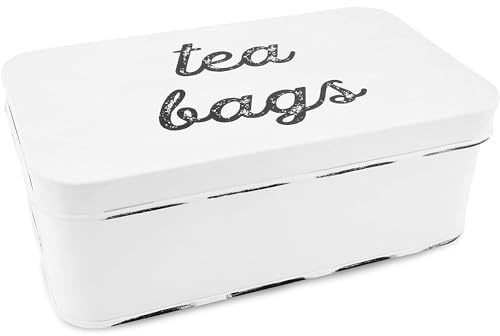 AuldHome Design Farmhouse Tea Bag Box (White), Vintage Retro Style Enamelware Tea Storage Tin