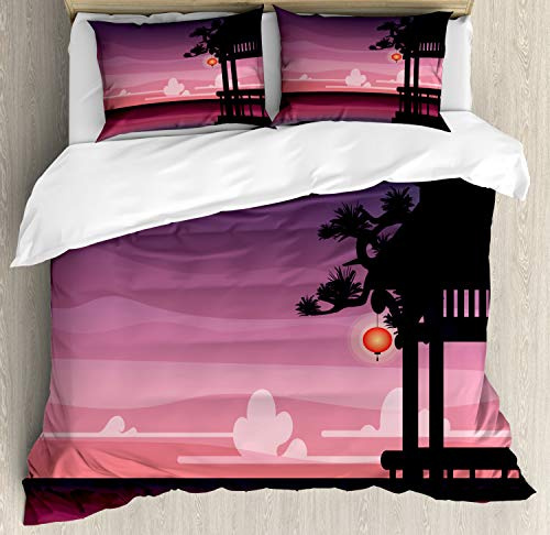 Ambesonne Nature Duvet Cover Set, Exotic Scene of Ethnic Asian Pavilion at Abstract Sunset Next to Ocean, Decorative 3 Piece Bedding Set with 2 Pillow Shams, Queen Size, Dried Rose Multicolor