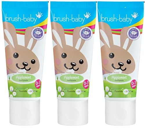 Brush-Baby - Gentle Applemint Baby Toothpaste, 3 x 50ml Tubes - for Ages 0-3 - with Xylitol & Fluoride - Supports Healthy Teeth & Gums - Gentle, Safe if Swallowed - Vegan Formula