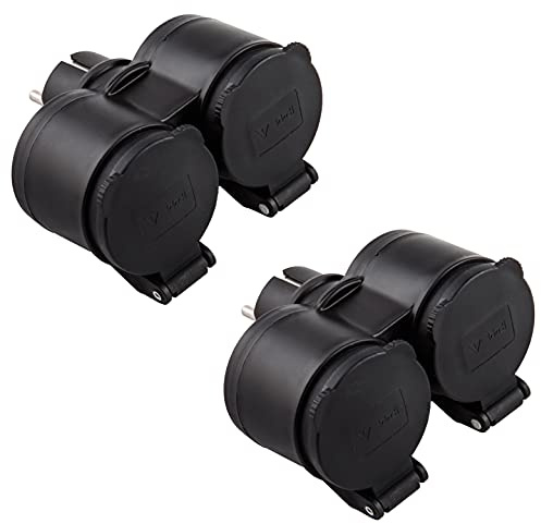 Electraline 92388 Confezione da 2 Adattatori da Esterno 2 prese Schuko, Resistente all'acqua IP44, Spina tedesca, Multipresa 2 posti schuko con tappo, Nero