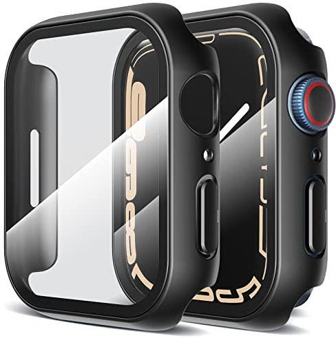 LK 2 Stück Schutzhülle Kompatibel mit Apple Watch Series 9/8/7 41mm | Harte PC Schutzhülle mit Gehärtetem Displayschutz, Ultra Dünn Full Coverage Case, Kratzfest & Stoßfest, Schwarz