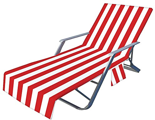 Morbuy Beach Chair Cover Towel, Stripes Beach Towel Lounger Bags with Pockets, Sunbed Towels Fitted Microfiber Sun Lounger Towels for Summer Outdoor Garden Pool Travel (73x210cm,Red)