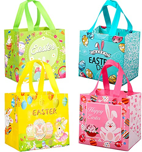 YOOYEH 4 Easter Tote Bags With Handle Non-Woven Gift Bags For Gifts Wrapping Egg Hunt Easter Party Supplies