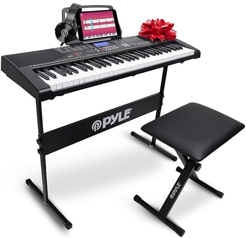 Pyle 61 Keys Electric Keyboard Piano, Kids Music Digital Piano Keyboard with Stand for Beginners, Adult Electronic Keyboards Set, Portable Musical Karaoke Instrument w/ Stand & Headphones