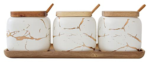 VIXPET Set Di Barattoli Per Spezie In Ceramica Da 3 Pezzi Set Di Barattoli Per Spezie Da Cucina Per Sale E Zuccheriera-White