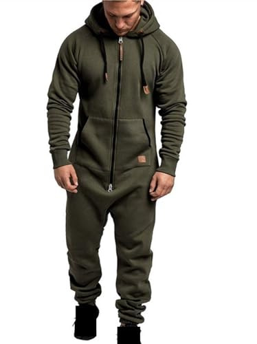 Mens Onesie Hooded Jumpsuit Oversized Zip Up Overall Rompers Casual Solid Color One Piece Jogger Sweatsuit Sleepwear (Color : Army Green, Size : 5XL)