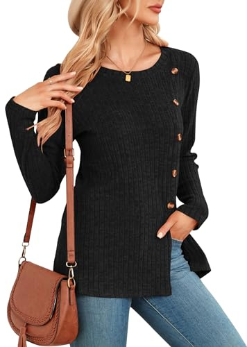 NARRAME Maglioni da Donna Inverno Manica Lunga Maglietta Nera Bottoni Spacco Frontale Maglioni Leggeri XX-Large