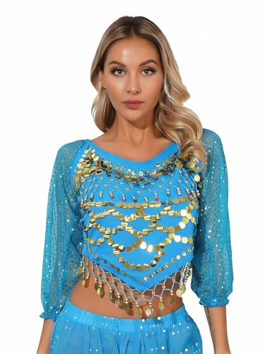 Agoky Damen Pailletten Bauchtanz Top Halbarm Shirts mit Münzen Tänzerin Crop Top Kurz Bauchfrei Oberteile Dancewear