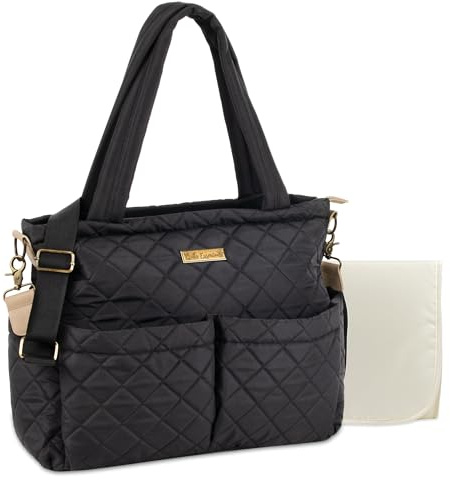 Baby Essentials Schwarze gesteppte Wickeltasche, Umhängetasche, Geldbörse mit Schultergurt, Wickelunterlage, 10 Organizer-Taschen für Zwillinge oder Drillinge, Schwarz, Large