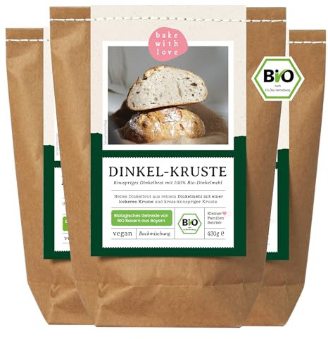 Bio Dinkel Brotbackmischung Dinkel-Kruste - 100% Dinkelmehl ohne Weizen - Brot backen mit Sauerteig - ohne Zusatzstoffe - für Brotbackautomat & Ofen - Bake with Love - 3er Pack