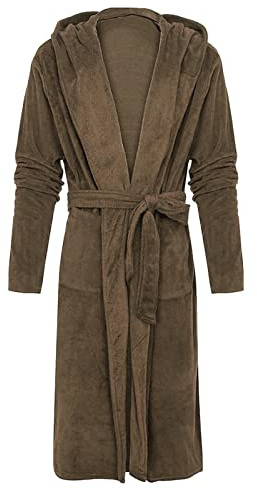OBiQuzz Accappatoio da uomo lungo con cappuccio, in pile morbido, per spa e vacanze, biancheria da notte, marrone, XXXXXL