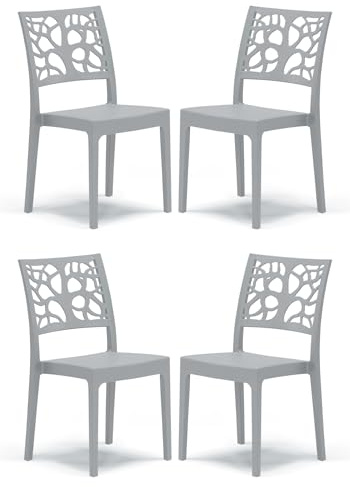 Set 4 sedie in polipropilene TETI, MADE IN ITALY, impilabile, idrorepellente, resistenza raggi UV, design moderno albero della vita per sala da pranzo, cucina, bar, ristoranti, esterno (Cemento, 4)