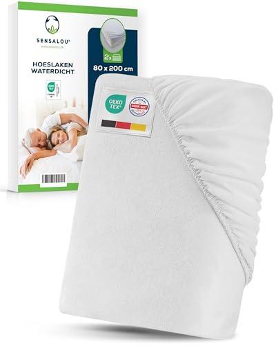 Sensalou 2er Pack Spannbettlaken Wasserdicht 80x200 cm - Matratzenschutz | N%%%sseschutz f%%%r Jugendbett & Einzelbett - Atmungsaktiv - Waschbar bei 95 %%%C - Inkontinenz Laken - Baumwolle