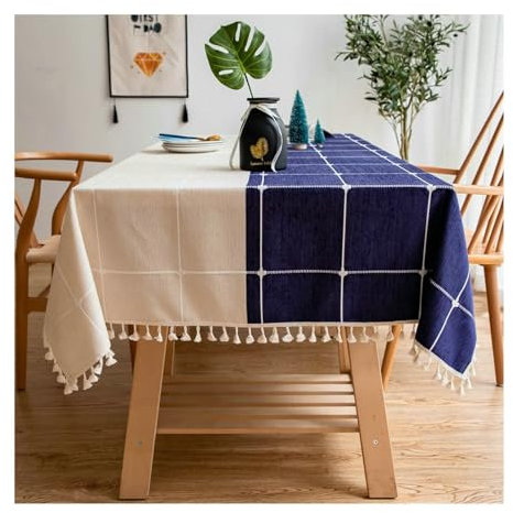 BCughia Tischdecke 140x220CM Rechteckig, Tischdecken Waschbar Chenille Plaid mit Quasten Tischtuch für Indoor, Outdoor, Essen, Küche, Weiß Blau