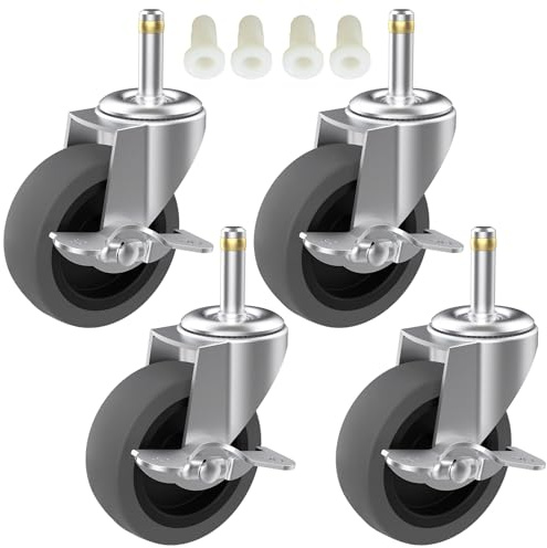 RILIDRI 4-Inch Swivel Stem Caster for Rubbermaid Mop Bucket Utility Cart, 7/16-Inch Stem Diameter Rubber Wheel Set of 4 with Side Brake, Heavy Duty TPR Weber Grills Shop Vac Replacement Wheels