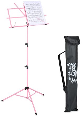 Relaxdays Notställ, fällbart musikställ, HBT: 140 x 53 x 49 cm, utdragbar, av metall, gitarr, fiol, sång, rosa
