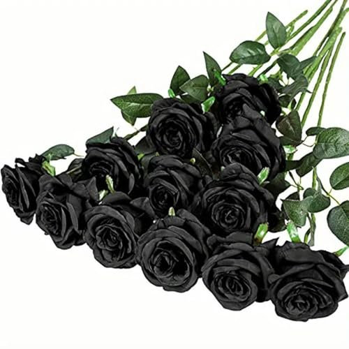 WRJLIN 12-teiliger realistischer künstlicher Rosenstrauß für Geburtstage und mehr für Blumenarrangements und Heimdekoration - Schwarz