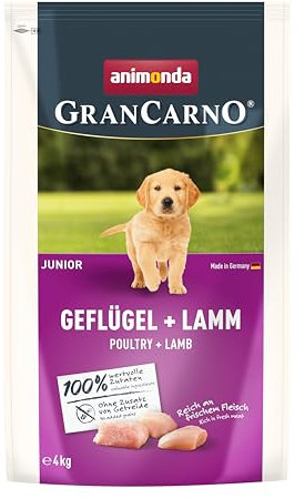 animonda GranCarno Junior Hundetrockenfutter getreidefrei Geflügel + Lamm (1 x 4 kg), Trockenfutter für Junge Hunde ohne Getreide, Welpenfutter trocken mit hoher Bekömmlichkeit