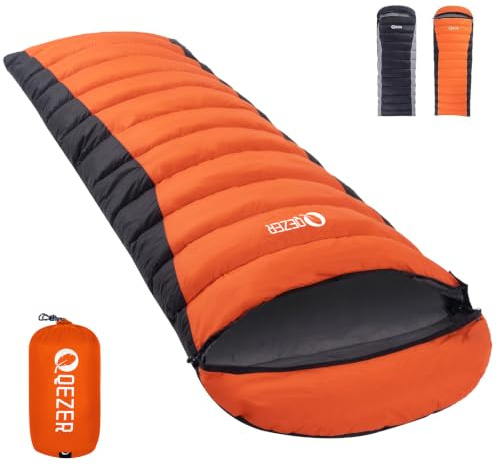 QEZER Sacco a pelo in piuma ultraleggero Sacco a Pelo per Adulti e Bambino 12°C a -1°C [1080 g] per campeggio, escursioni e trekking, attività all'aperto 3~4 stagioni (arancia)