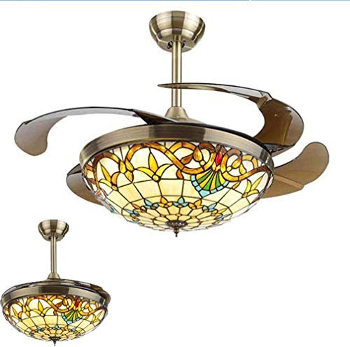 Tiffany Plafonnier Ventilateur de Plafond avec Télécommande à Intensité Variable Silencieux Baroque Vintage Fait Main Vitrail Abat-jour Rond Rétro Lampe pour Chambre Salon Ø 107 cm Marron