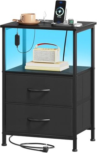 Somdot Nachttisch Schlafzimmer, Steckdose, 2 Schubladen, Schwarz | Nachtkästchen Nachtschrank, Stoffschubladen, LED & 2 Steckdosen, 1 USB-A & C, offene Fächer, Wohnzimmer, 30T x 40B x 60H