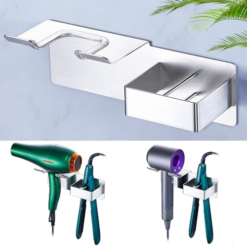 WAYASI Hair Dryer Holders and Straighteners Holder, Self Adhesive Hair Straightener Holder Wall Mount Hairdryer Holder Station for Curling Iron, Hair Tools Organiser for Bathroom, Silver