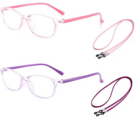 atnayo 2 Pcs Kids Fake Glasses, Clear Lenses Anti Blue Light Glasses Kids for Radiation Protection (Pink & Purple)