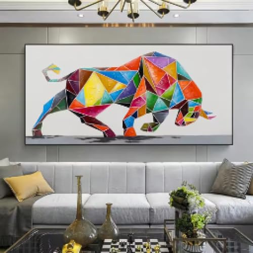 ZHUOYA Buntes Ölgemälde mit Stier, abstrakt auf Leinwand, groß, Natur, starkes Tiergemälde, moderne Wandkunst, Wohnzimmer, Heimdekoration, 65 x 130 cm, rahmenlos