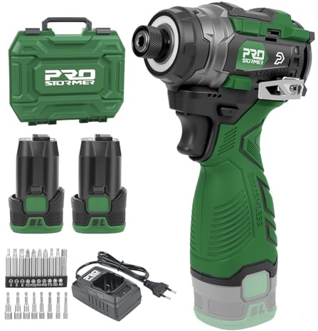 Prostormer 17V Cordless Impact Driver Set, 140Nm Brushless Screwdriver with 3 Variable Speed, 1/4” Hex Chuck, 18 Pcs Bits, 1.5Ah Batteries & Charger