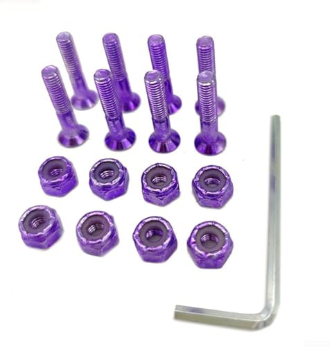 EXTRWORY 8pcs Skateboard Screw Set with 8 Nuts and Wrench for Longboards, 1 Inch Medium Carbon Steel Fasteners (Purple)