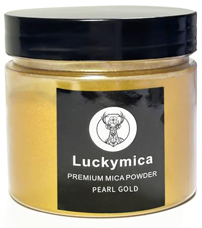 Luckymica Micapulver för Epoxiharts, Premium Pärlemorpigment för Harts, Färg, Nagellack, Ljustillverkning, Tvål, Badbomber och DIY-Kosmetik – Pärlguld (50 g)