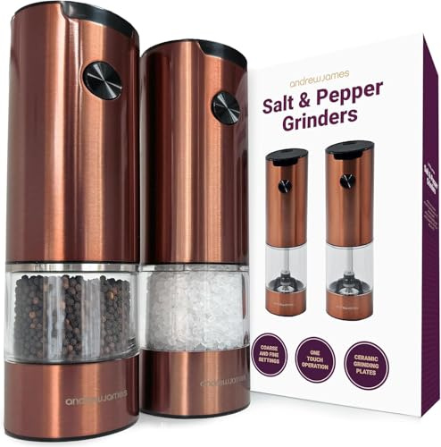 Andrew James Salt and Pepper Mills Electric Grinder Set Stainless Steel Illuminated Dispenser Adjustable Coarseness Ceramic Blades, One Touch Operation, Battery Power, 17.5cm x 5cm (Copper)