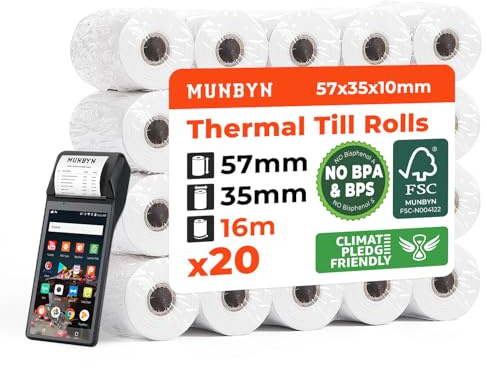 MUNBYN Rouleau TPE 57mm x 35mm x 16m Rouleau Papier Thermique,Rouleau Thermique pour Systèmes POS, Terminaux PDQ, Appareils Photo Instantanés et Machines à Carte Bancaire, Sans BPA/BPS [20 x]