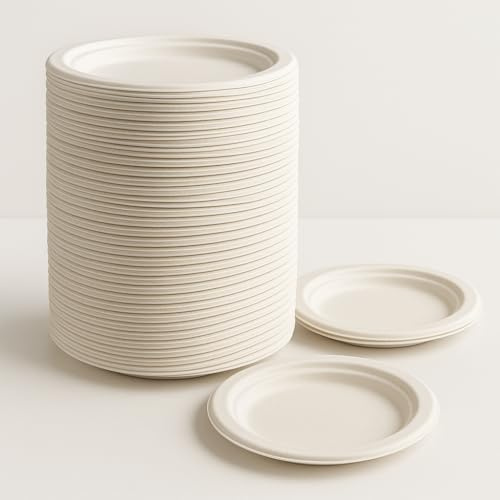 Juego de 40 platos llanos de 23 cm de papel biodegradable compostable – Platos desechables ecológicos de pulpa de celulosa natural, desechables, aptos para microondas, ideales para fiestas, eventos y