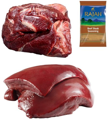 Halal Cow Cheek 1kg and Beef Liver 1kg with Rajah Beef Seasoning 100g – Fresh Halal Offal Pack – Traditional Cuts for Curries, Stews and Home Cooking