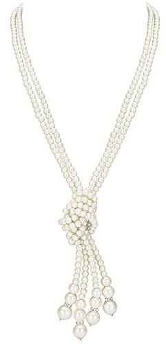 BABEYOND Gatsby Lange Knoten-Perlenkette 1920er Jahre Flapper Accessoire Halskette mit nachgemachten Perlen 124,5 cm und 149,9 cm (Weiß Knot Kette x2 mit 150cm Weiß Kette x1)