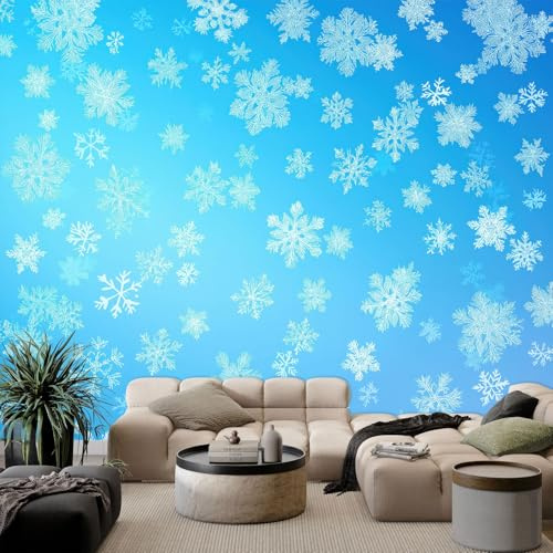 Panorama Fototapete Weihnachten Thema Schneeflocken B350 x H256 cm, Vlies Hellblau Tapete XXL Wandbilder für Wohnzimmer Schlafzimmer Kinderzimmer Fernseh Hintergrund Wand-Kunst-Dekoration