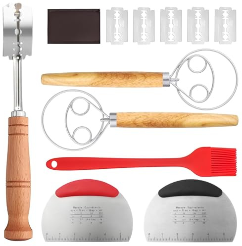 RTSHUK 6 Stück Sauerteig Zubehör Bäckermesser Set, Inkl. Brot Einschneidemesser mit 5 Bäckerklinge 2 Stk Dänischer Schneebesen 2 Stk Teigschaber Backpinsel Brot Backen Zubehör für Gärkörbchen