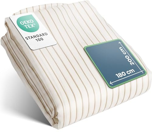 Skabt med Omtanke Duschvorhang Loja Beige Weiß 180 x 230 cm | Oeko-TEX® Standard 100 Zertifiziert & 50% recyceltes Polyester | Extra Langer gestreifter Textil Badvorhang 170 GSM für hohe Räume