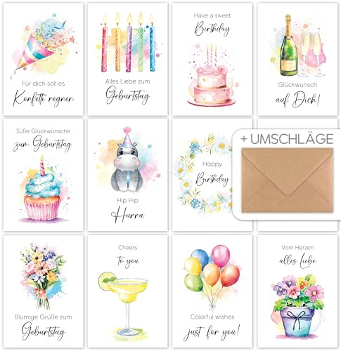 12x Glückwunschkarten Geburtstag + 12x Umschläge - die Aquarell Klappkarten und Happy Birthday Geburtstagskarten sind das Grußkarten Set im Postkarten Format - Geschenkkarten - Glückwunsch Karten