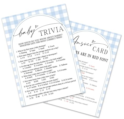 Juego de 30 tarjetas de juego para baby shower, 12,7 x 17,8 cm, Trivia para bebé y una tarjeta de respuesta, cartulina gruesa, juego interactivo divertido, adecuado para fiestas prenatales - D07