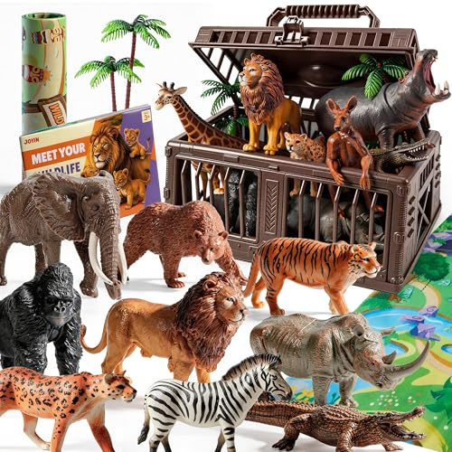 JOYIN Safari Animals Toys with Play Mat & Storage Cage & Educational Book | 17 PCS Realistic African Jungle Animals Figures & Trees, Zoo Plastic Animals for Toddlers, Toys for 3 4 5 Year Old Boys Gift